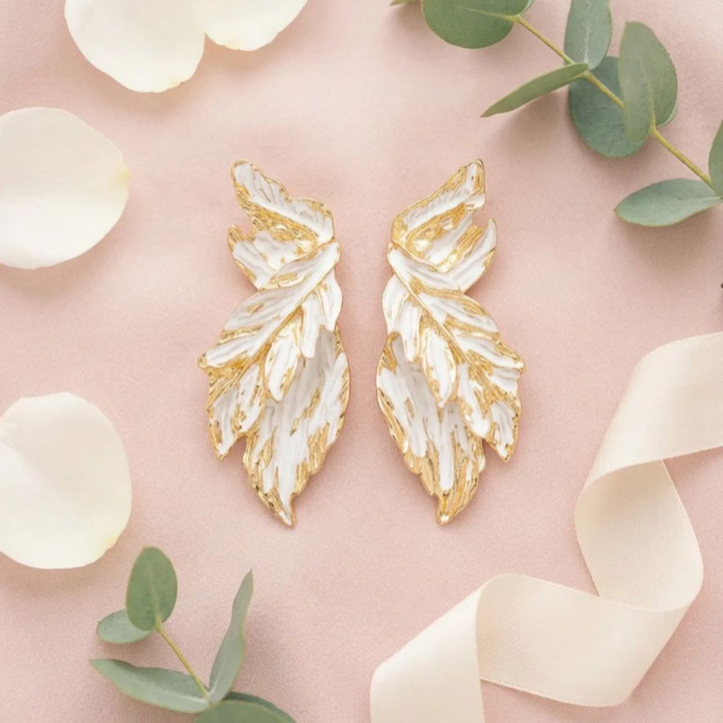 White and Gold Enamel Leaf-Shaped Earrings