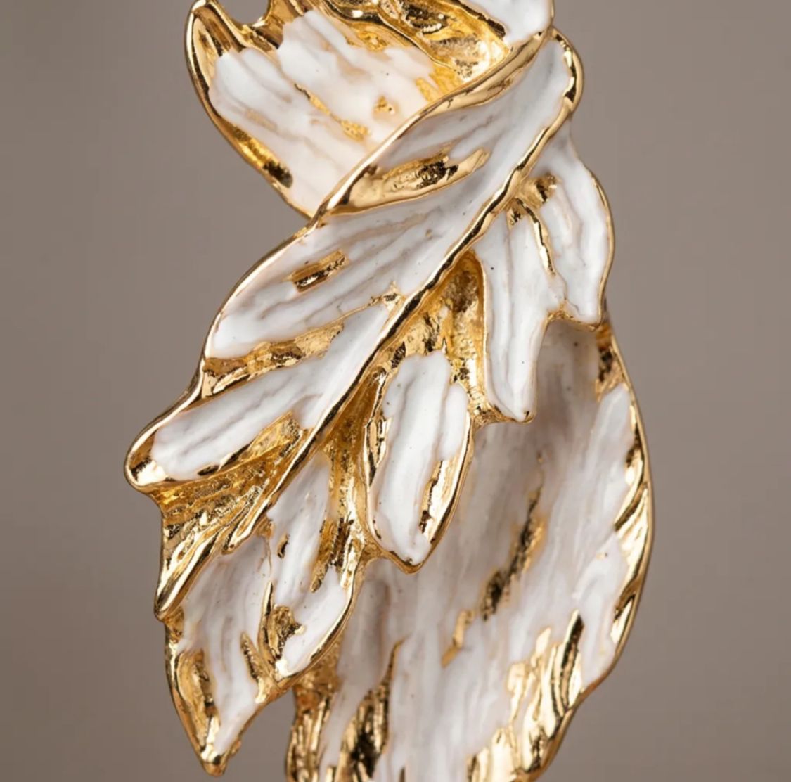 White and Gold Enamel Leaf-Shaped Earrings