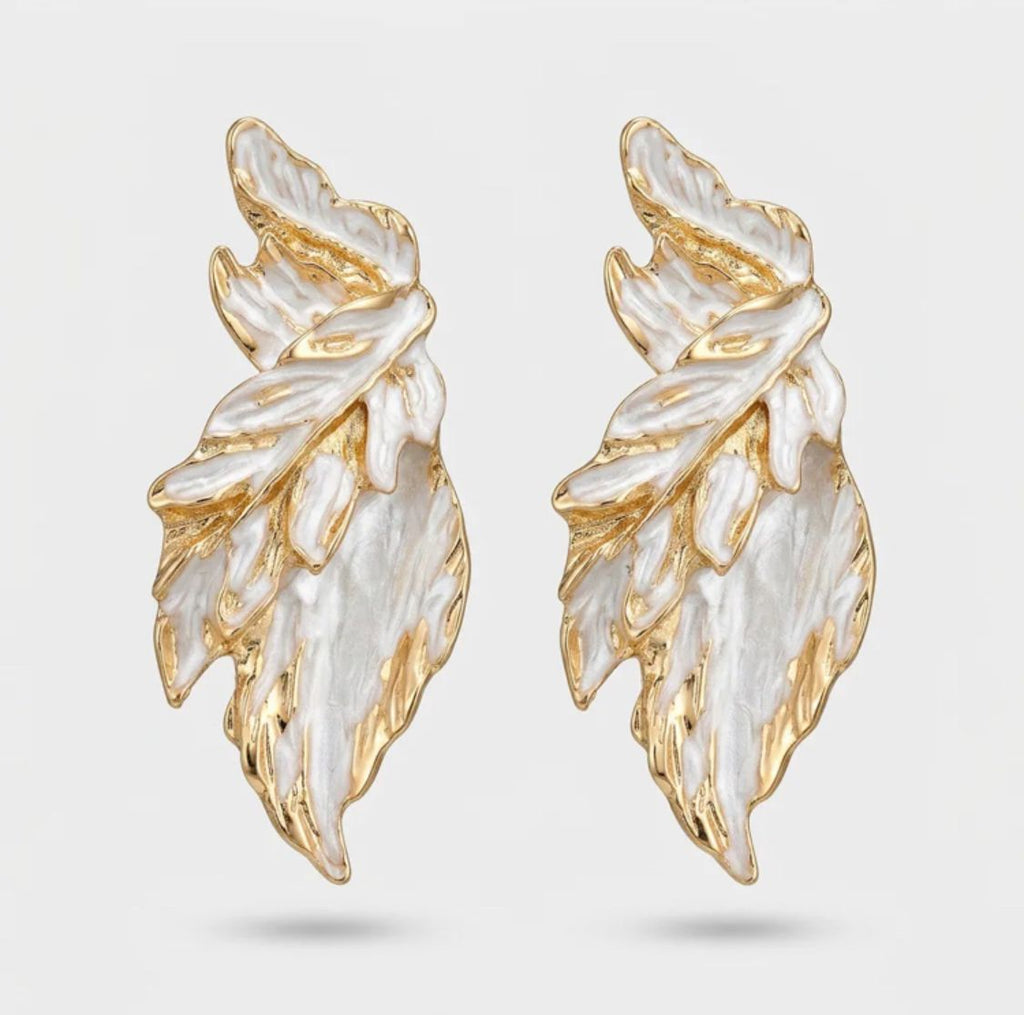 White and Gold Enamel Leaf-Shaped Earrings