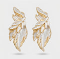 White and Gold Enamel Leaf-Shaped Earrings