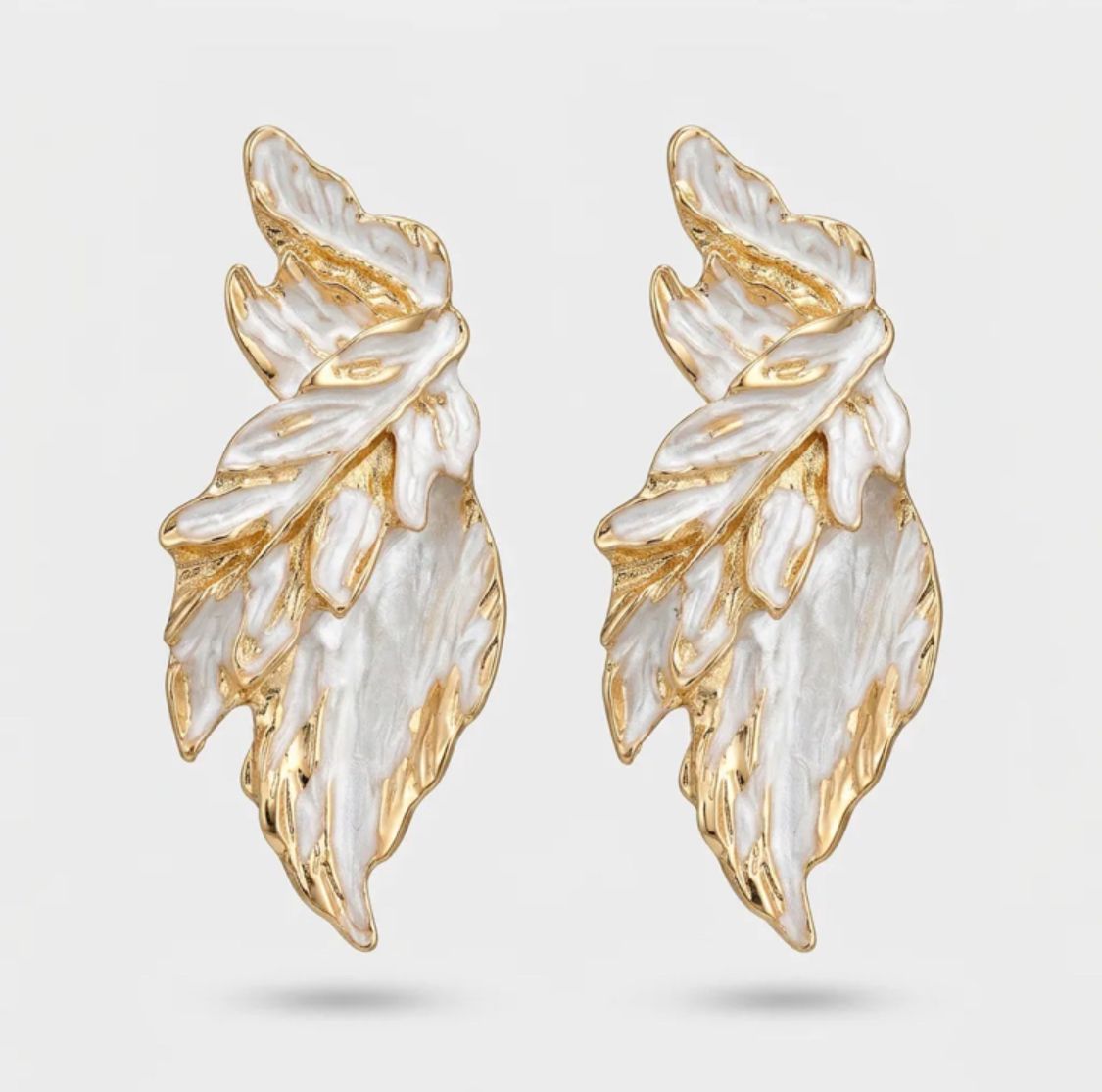 White and Gold Enamel Leaf-Shaped Earrings